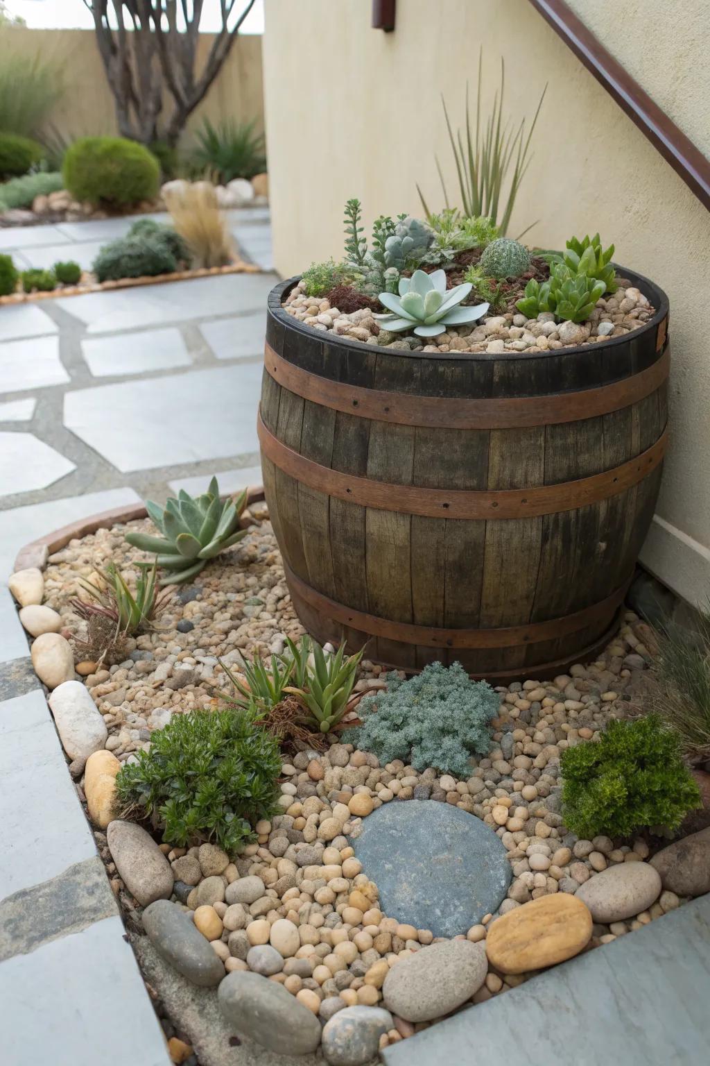 A minimalist succulent garden in a whiskey barrel.