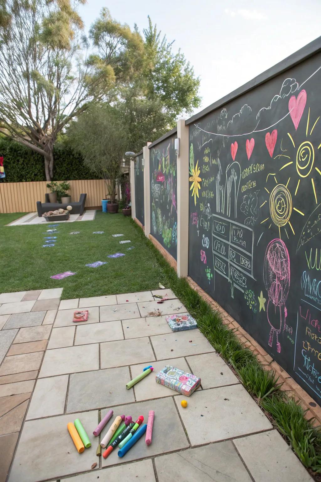 Unleash creativity with a backyard chalkboard wall.