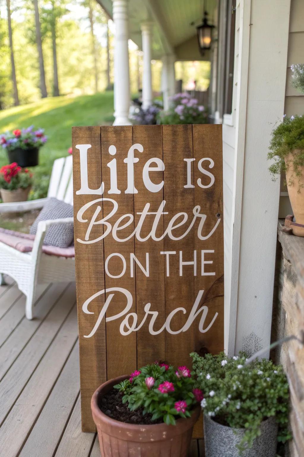 A cozy porch sign that celebrates outdoor relaxation
