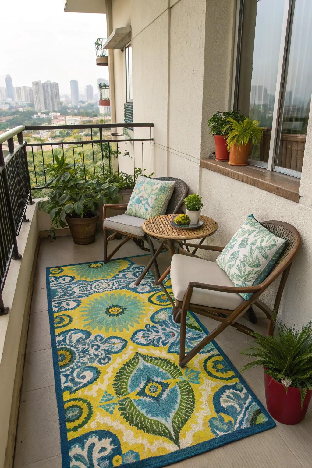 An outdoor rug adds color and warmth to a small balcony.