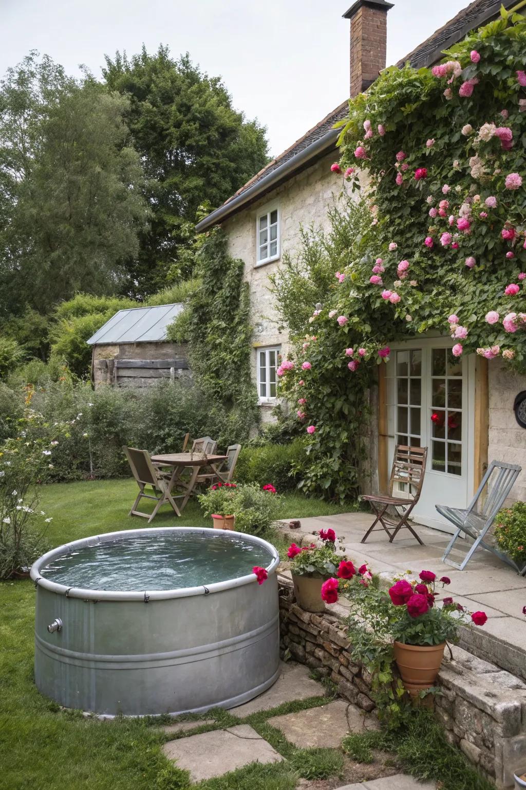 A charming cottage-style galvanized pool area.