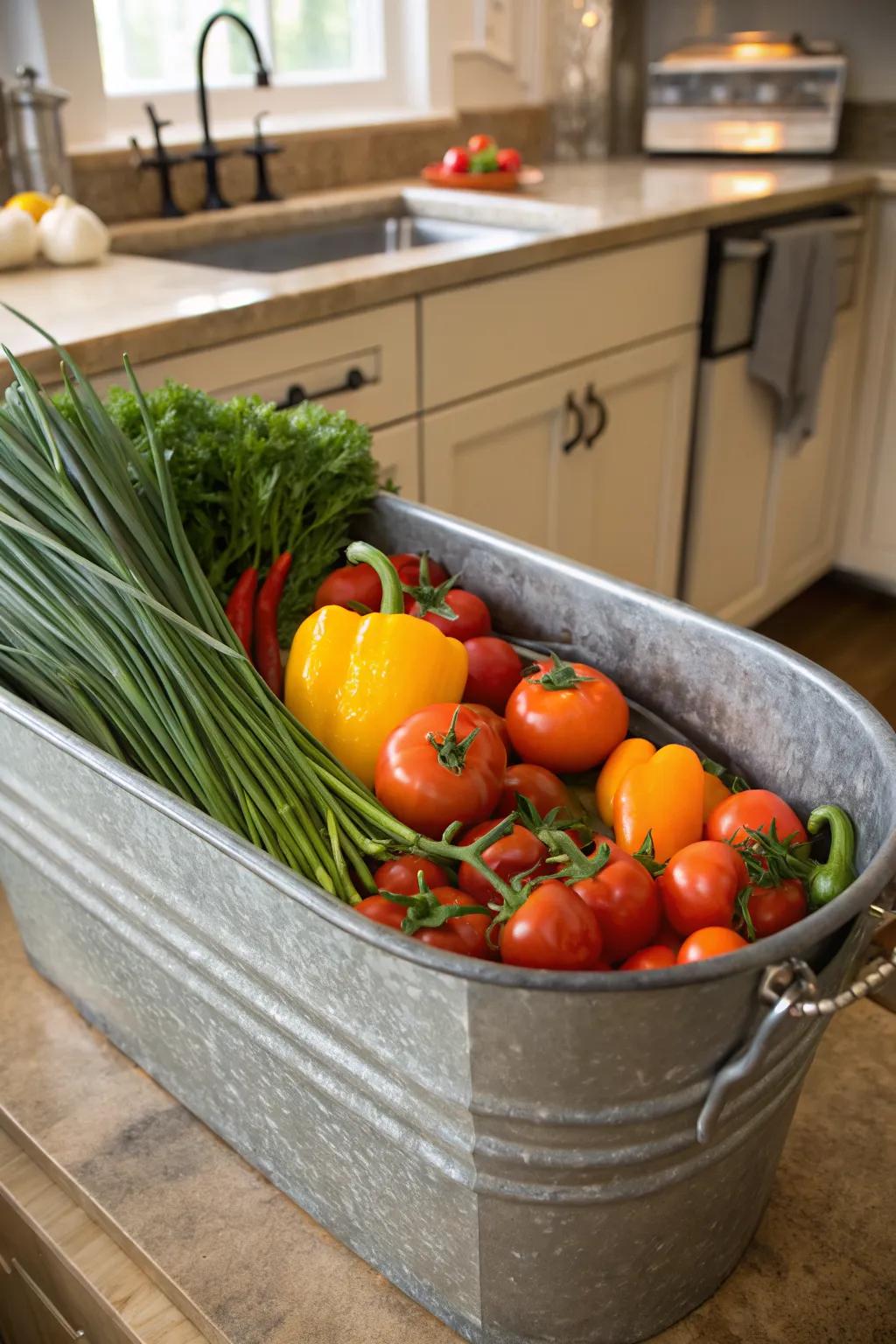 A convenient culinary garden in a galvanized planter, perfect for cooking enthusiasts.