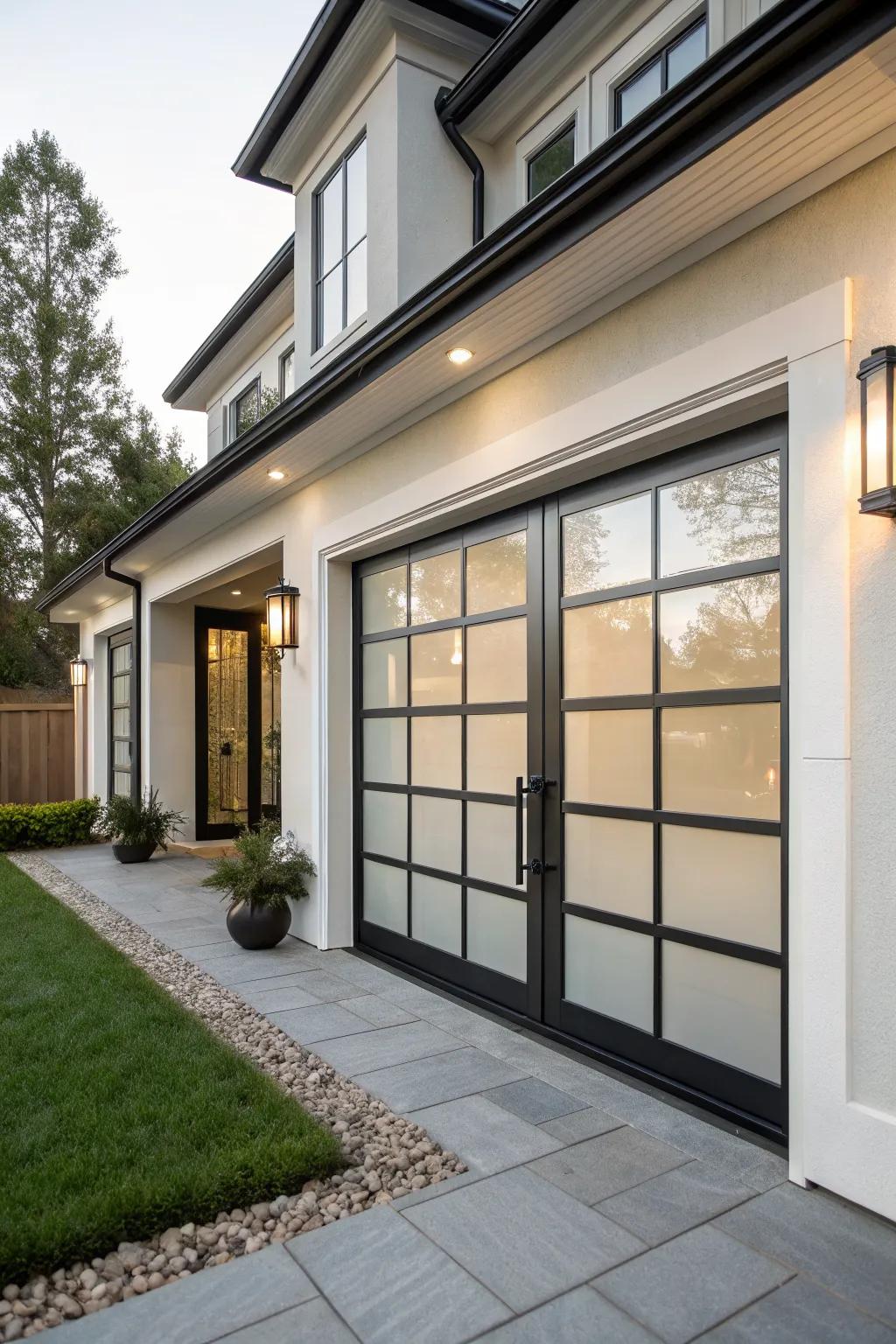 Frosted glass windows add privacy and style to your garage door.