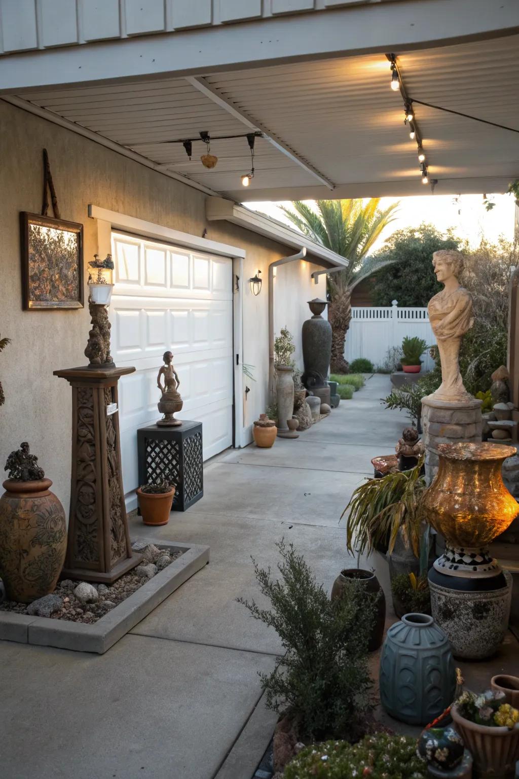Unique decorative elements adding personality to a garage patio.