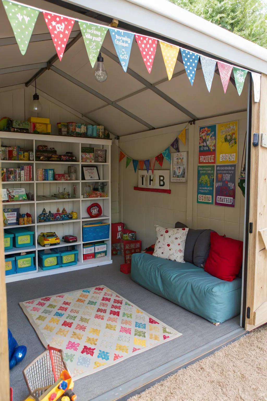 A playful kids' clubhouse within a garage shed.