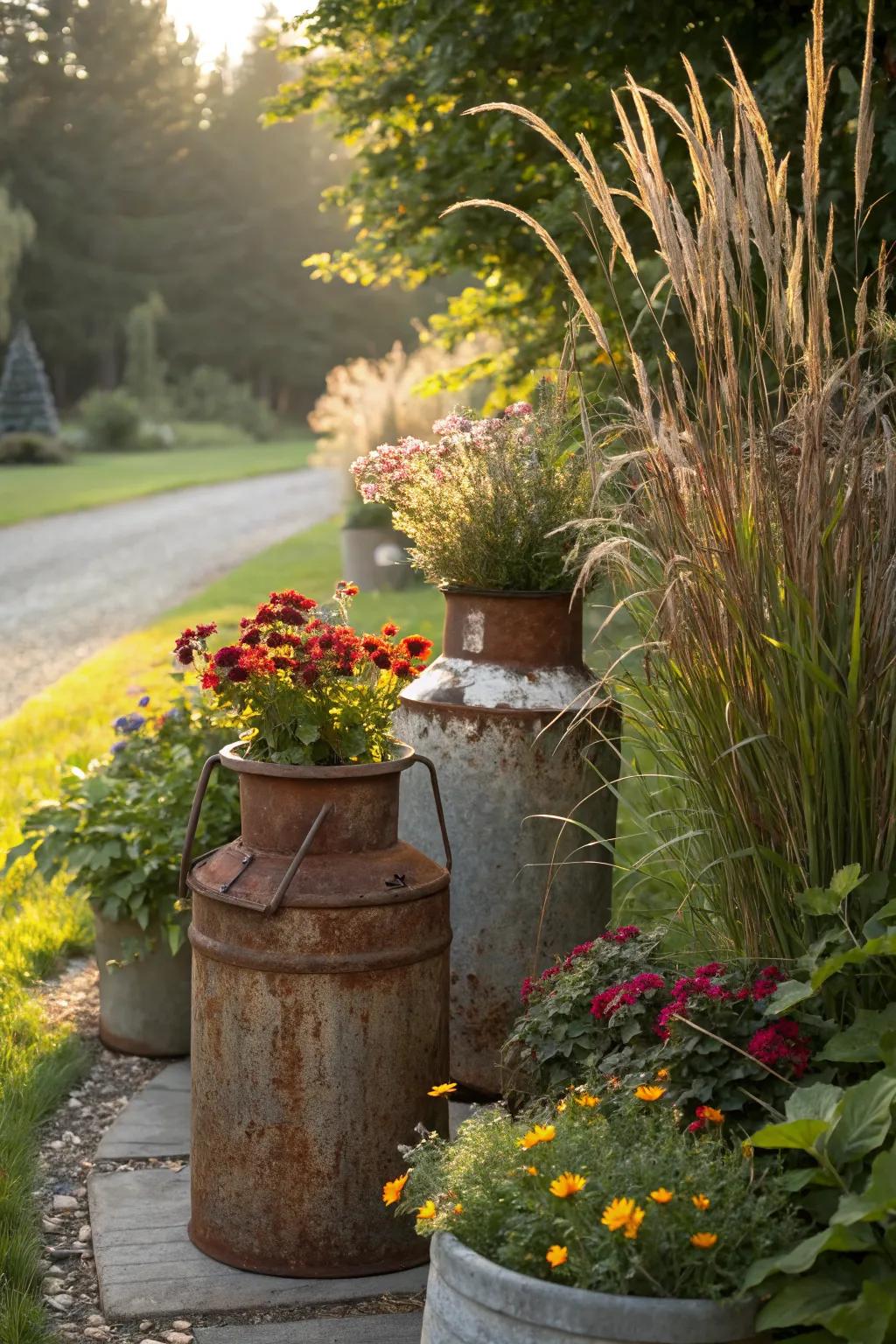 Add rustic charm with vintage milk can planters.