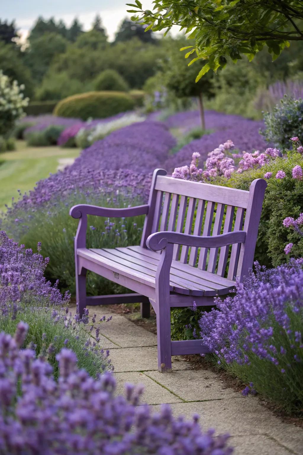 A purple bench adds a magical touch to any garden setting.