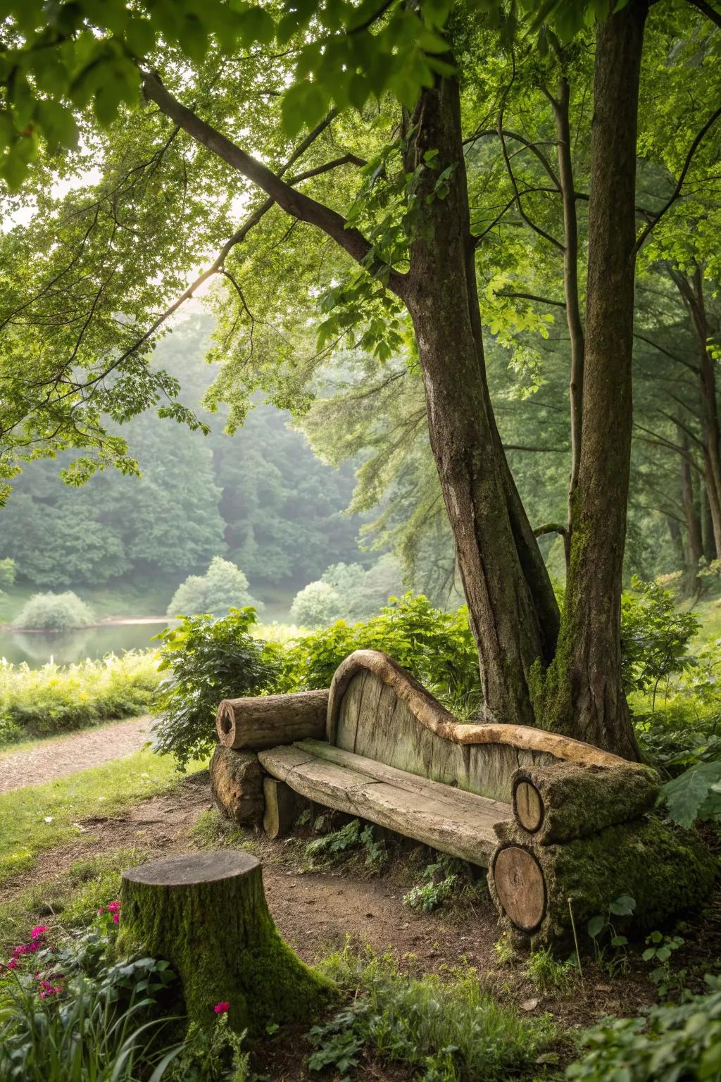 A tree trunk bench, a true celebration of natural beauty.