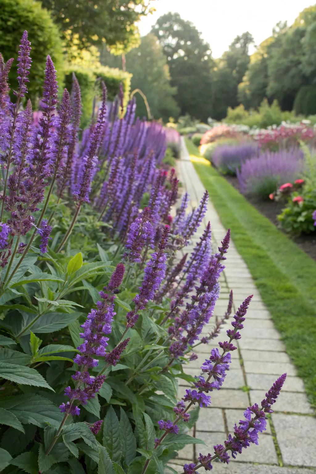 Salvia plants adding height and color to a garden border.
