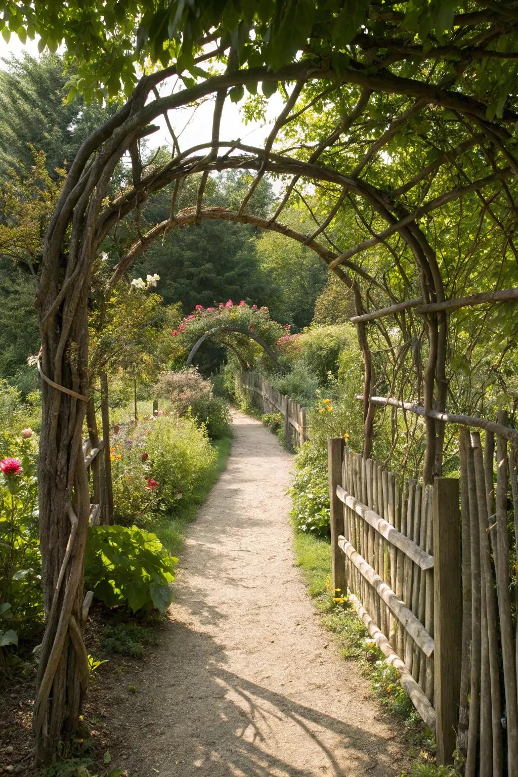 An archway branch fence creates inviting garden entrances.