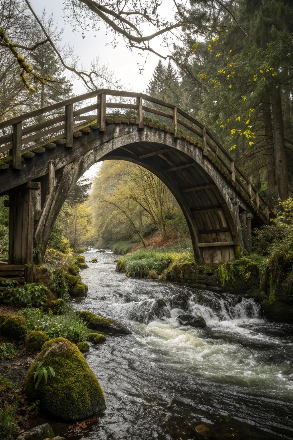 An arched bridge adds a touch of drama to the garden.