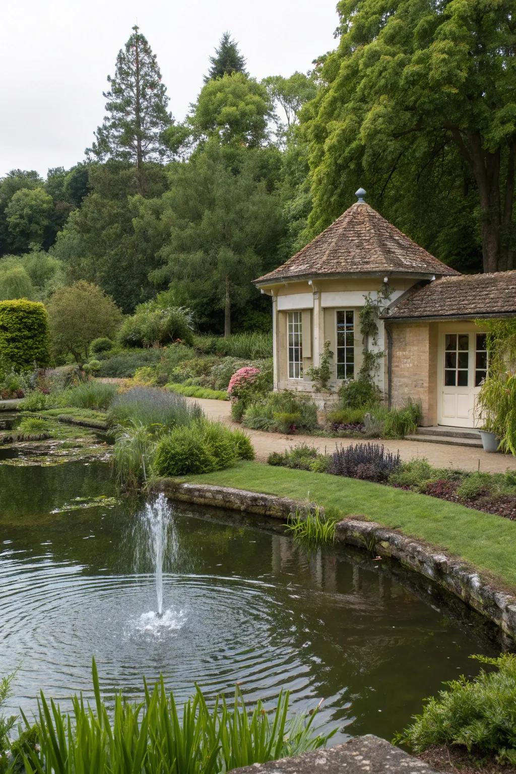 A tranquil garden building enhanced by a charming water feature.