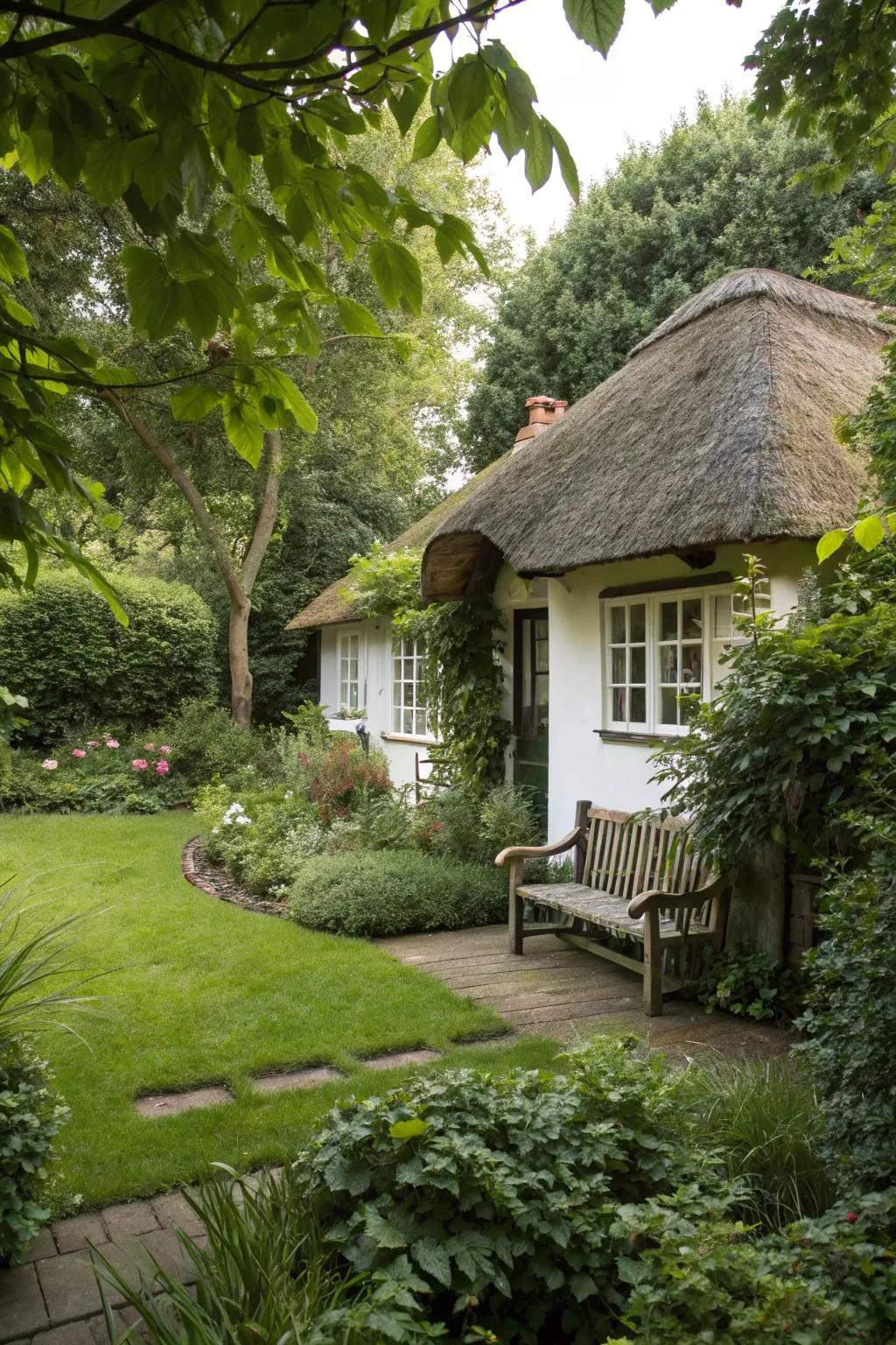 A secret garden provides a hidden retreat in this bungalow's landscape.