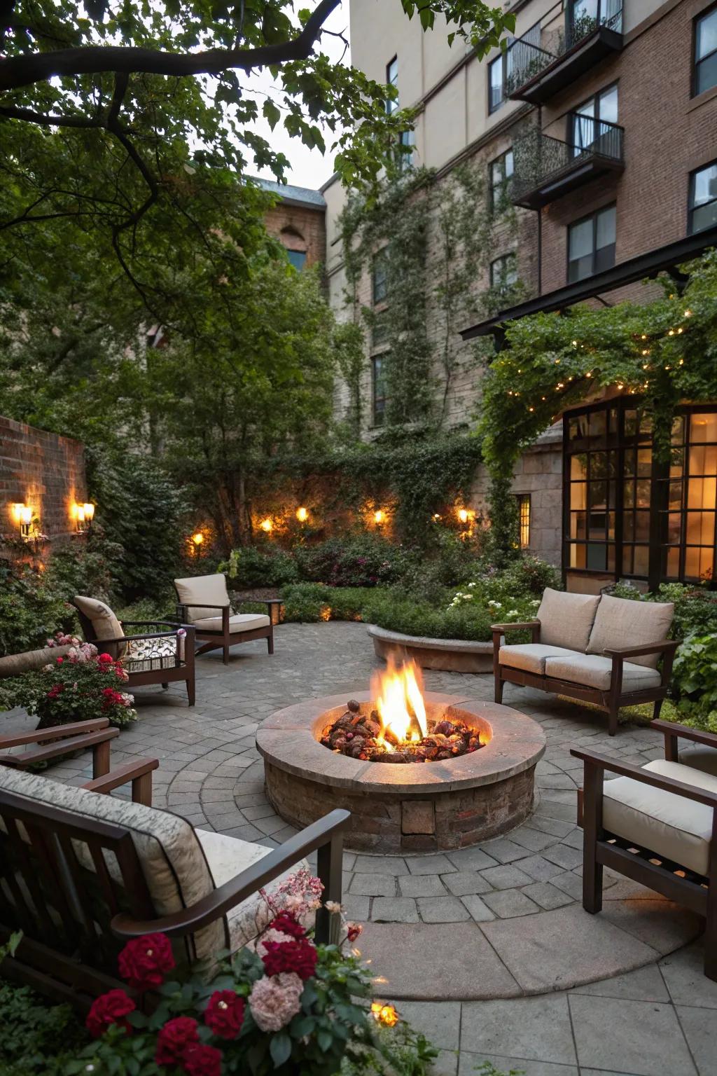 A fire pit creates a cozy gathering area.