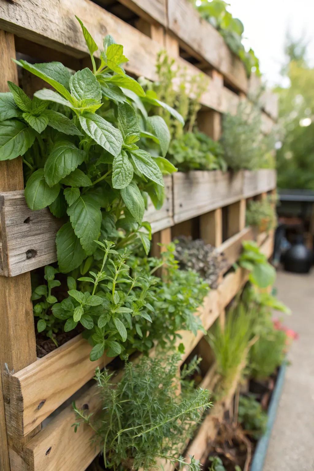 A vertical wall garden crafted from a repurposed pallet, showcasing herbs.