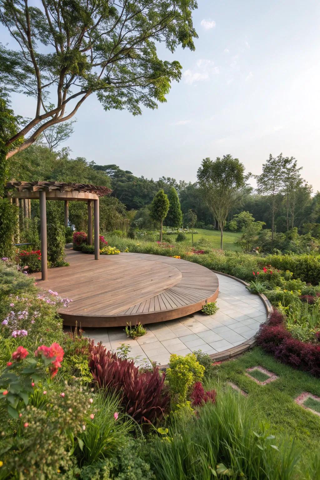 An eye-catching circular deck for a unique garden statement.