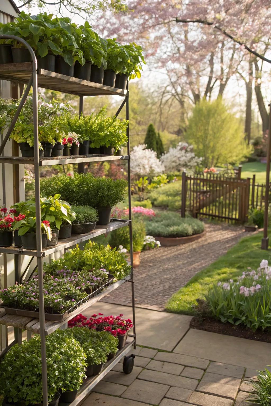 A tiered garden display using shelves to showcase plants.