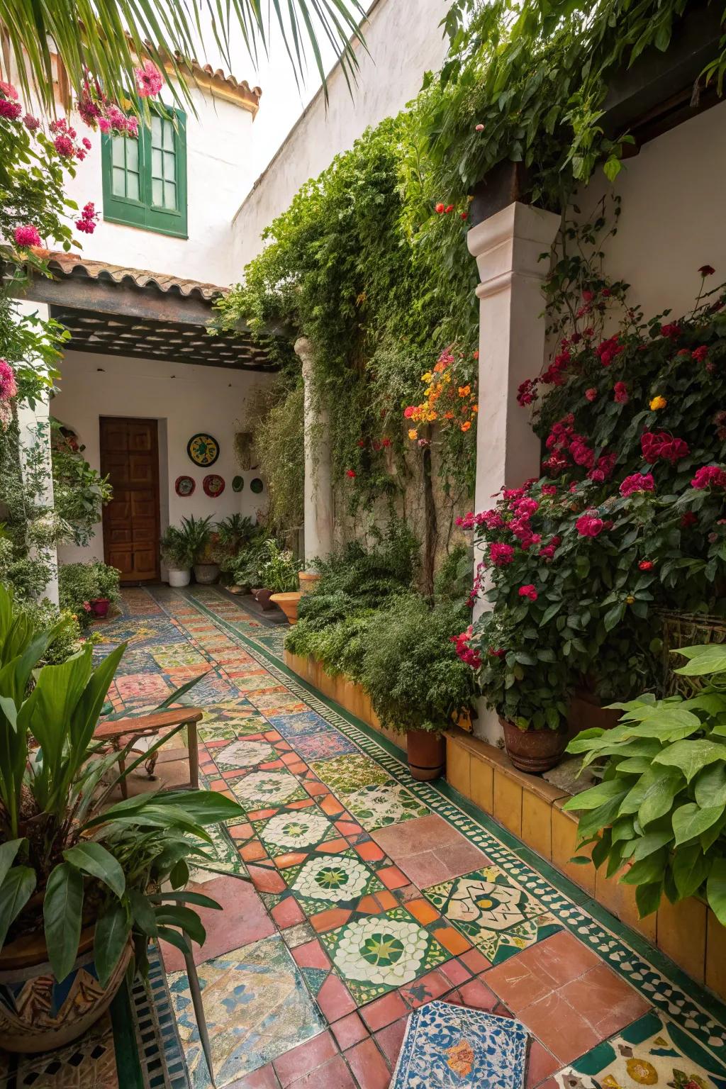 Colorful tiling adds flair and sophistication to garden dividers.