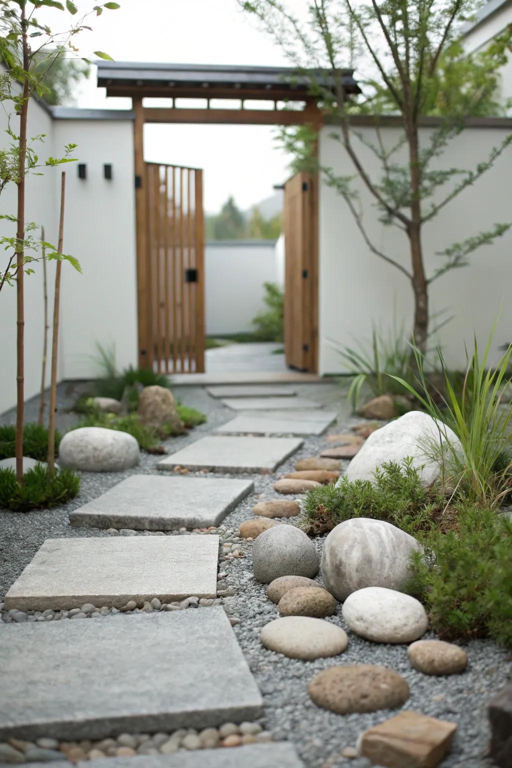Zen simplicity with minimalist elements creates a calming garden entrance.