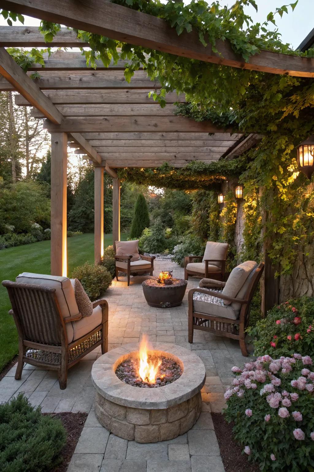 A pergola adds structure and elegance to the fire pit area.
