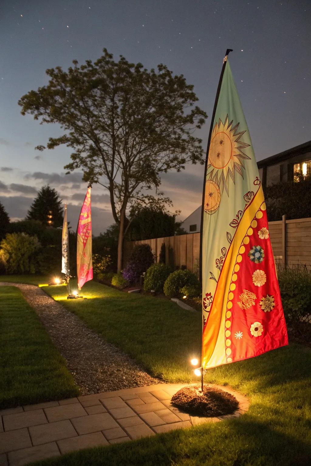 Outdoor lighting can highlight your garden flags beautifully at night.