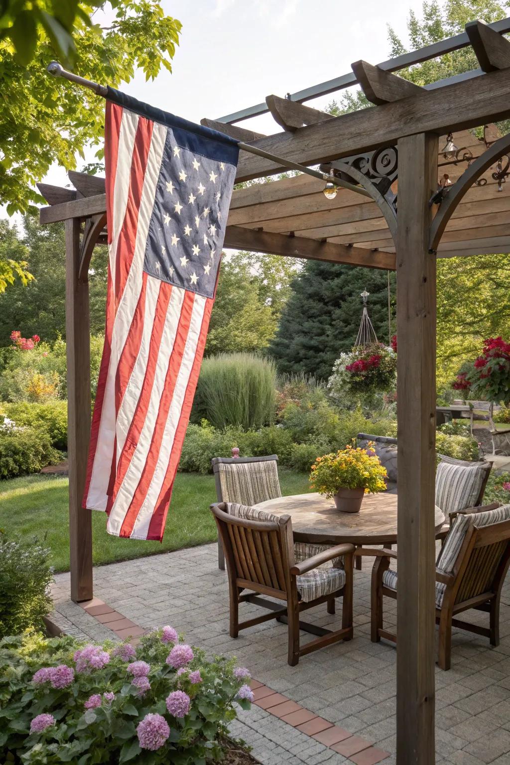 Flag decorating a backyard pergola