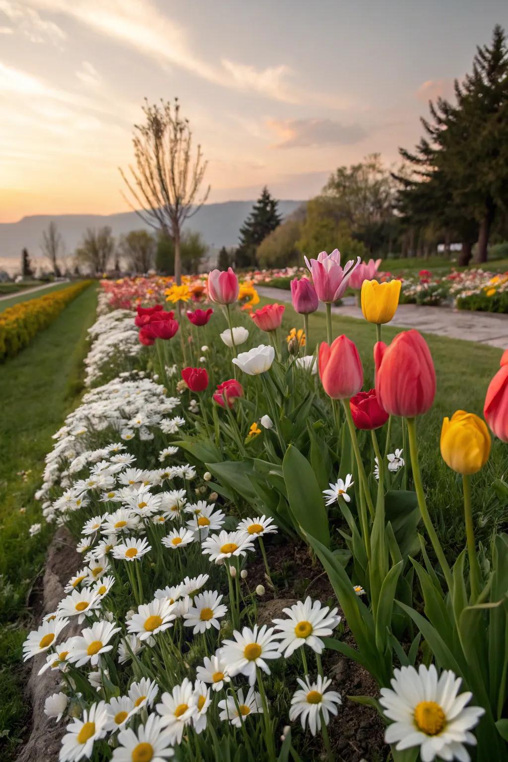 Seasonal flower beds offer a dynamic focal point throughout the year.