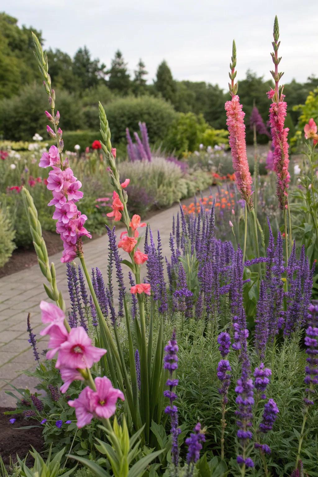 Pollinator-friendly garden with gladiolus.