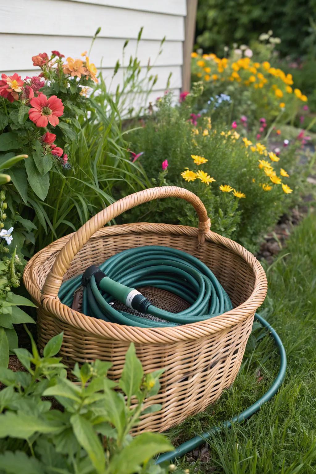 Woven baskets provide a rustic and functional hose storage solution.