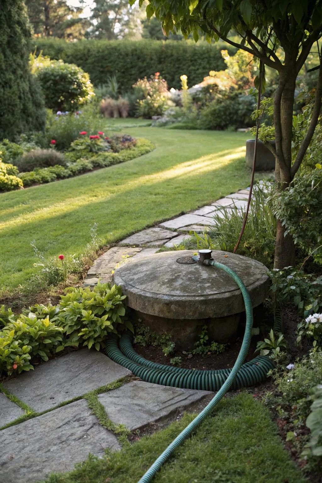 A discreet hose hideaway blending seamlessly with the garden.
