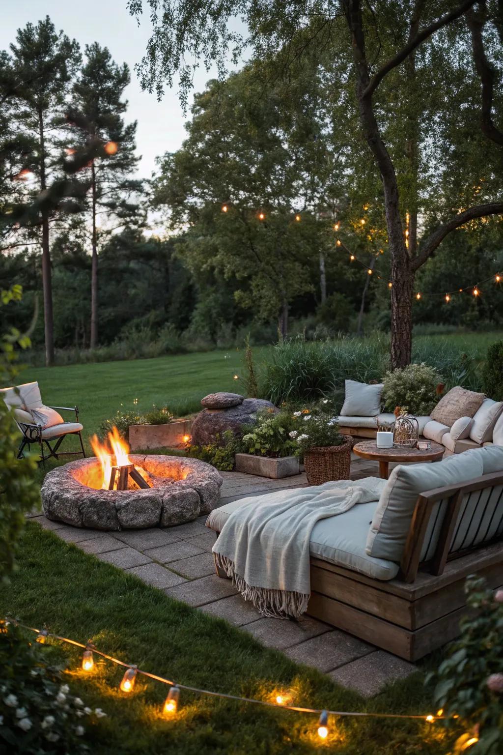 A cozy fire pit that serves as the heart of the garden.