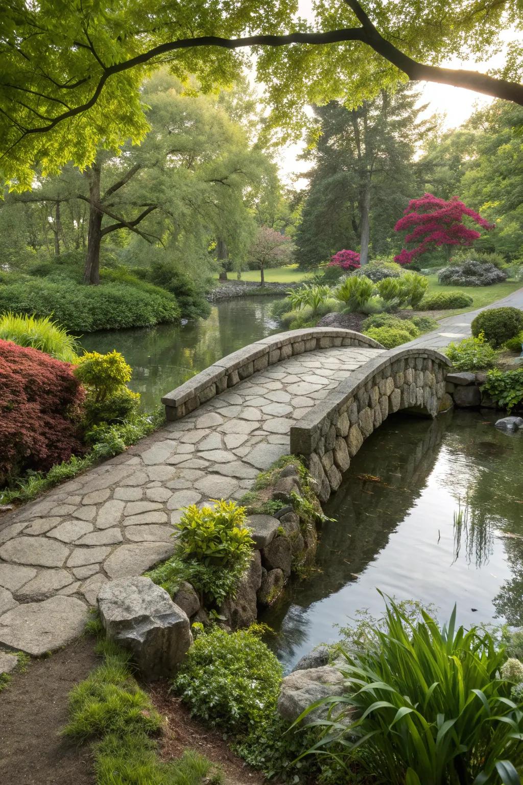 A timeless stone bridge seamlessly blends into the garden.