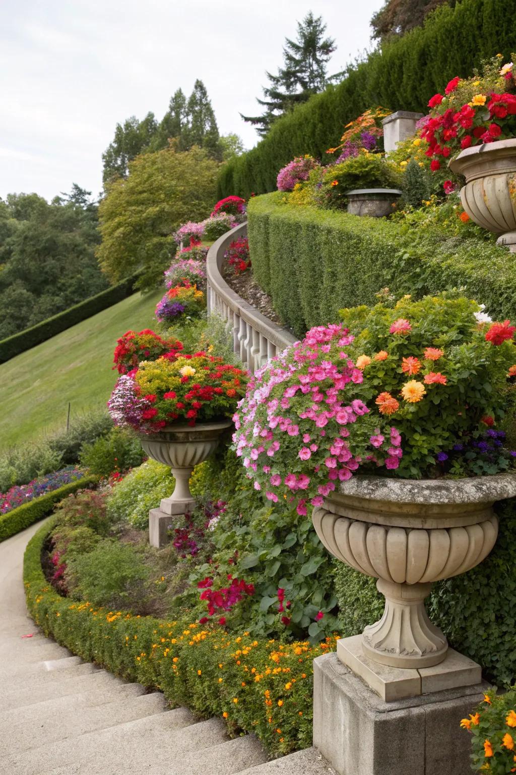 Cascading planters add dynamic movement and beauty.