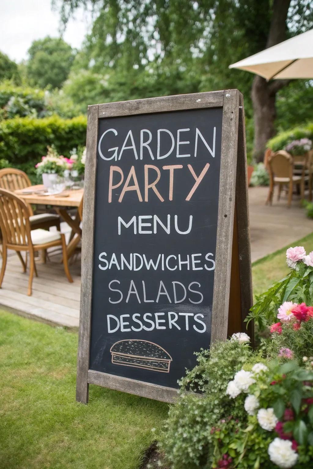 A charming chalkboard menu adds a personal touch to the garden party.