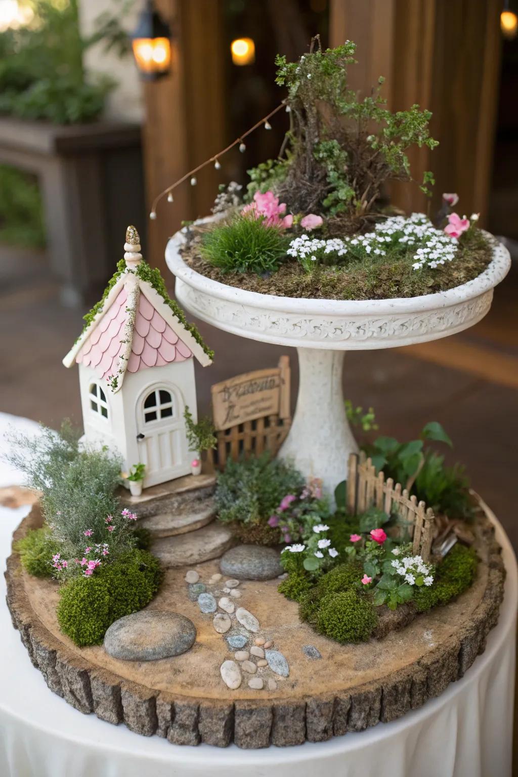 Fairy garden nooks on pedestals create enchanting small worlds.