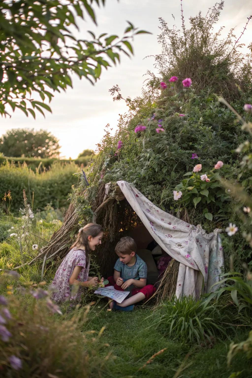 A secret den hideaway crafted from natural materials in a garden.