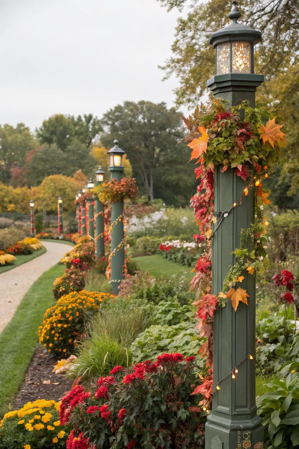 Showcase seasonal beauty with creatively decorated garden posts.