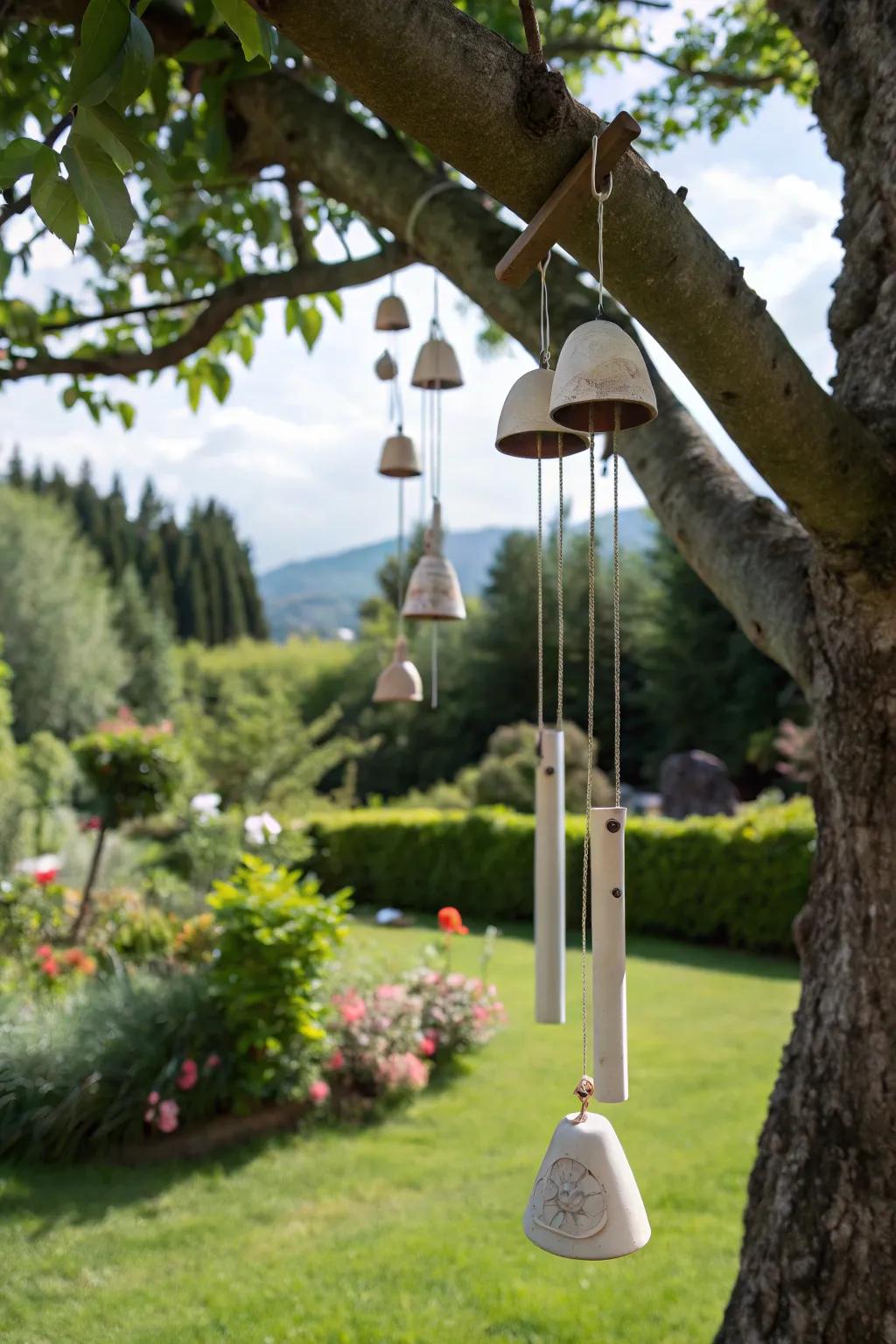Ceramic wind chimes add sound and beauty to the garden.