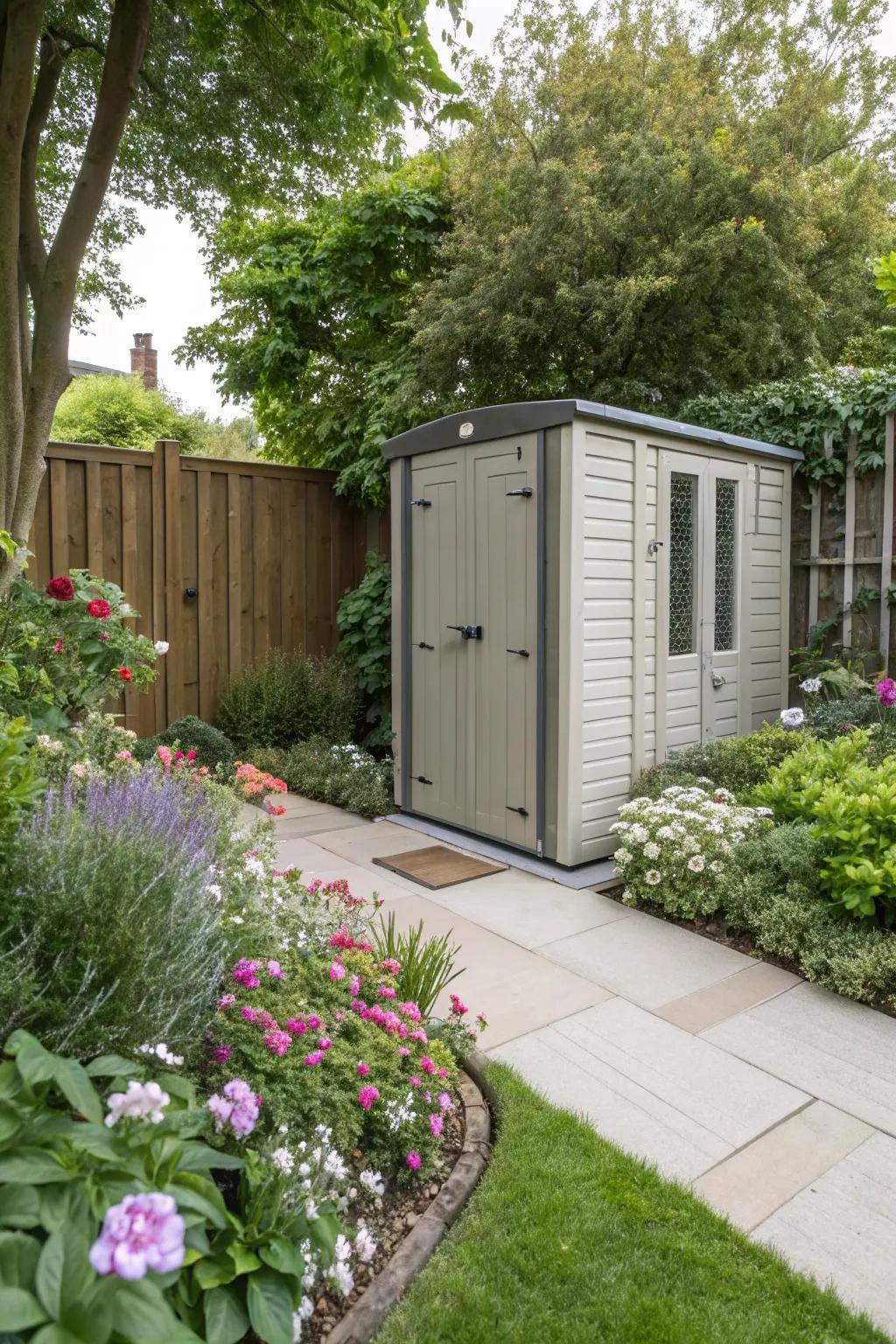Garden sheds offer practical privacy and storage solutions.