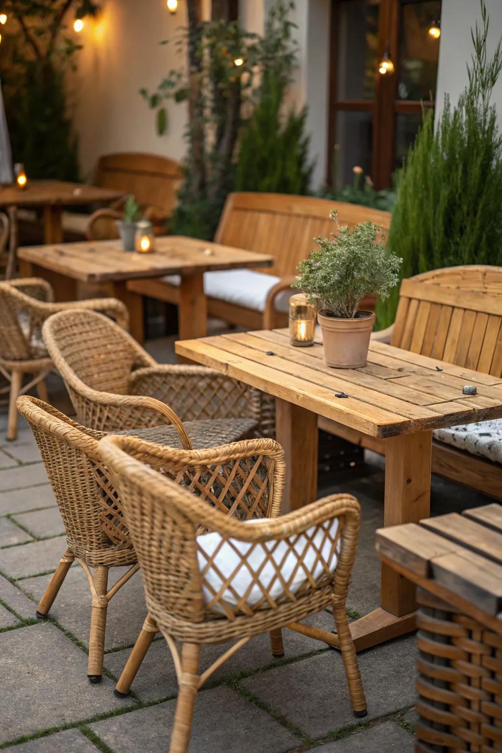 A garden enriched with organic textures of wood and wicker.