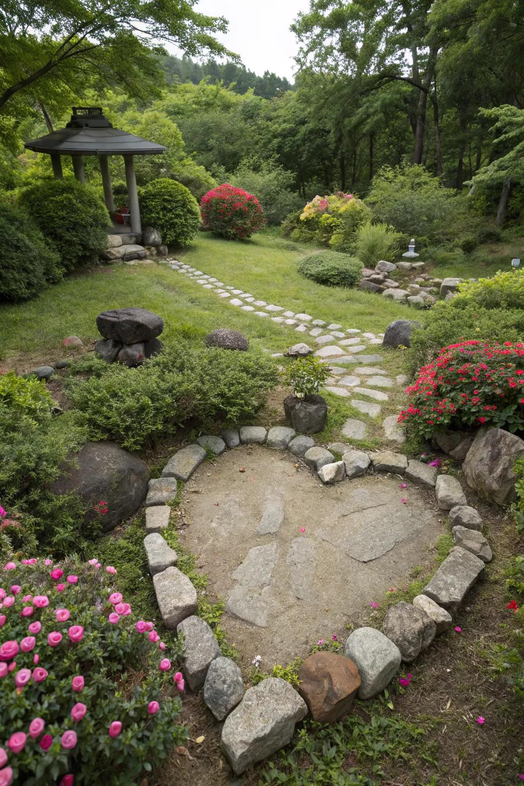 A heart-shaped rock arrangement adds a loving touch to gardens.