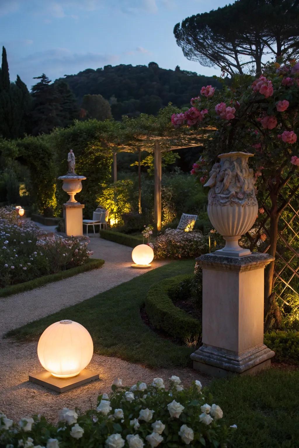 Illuminated sculptures transform gardens into enchanting nightscapes.