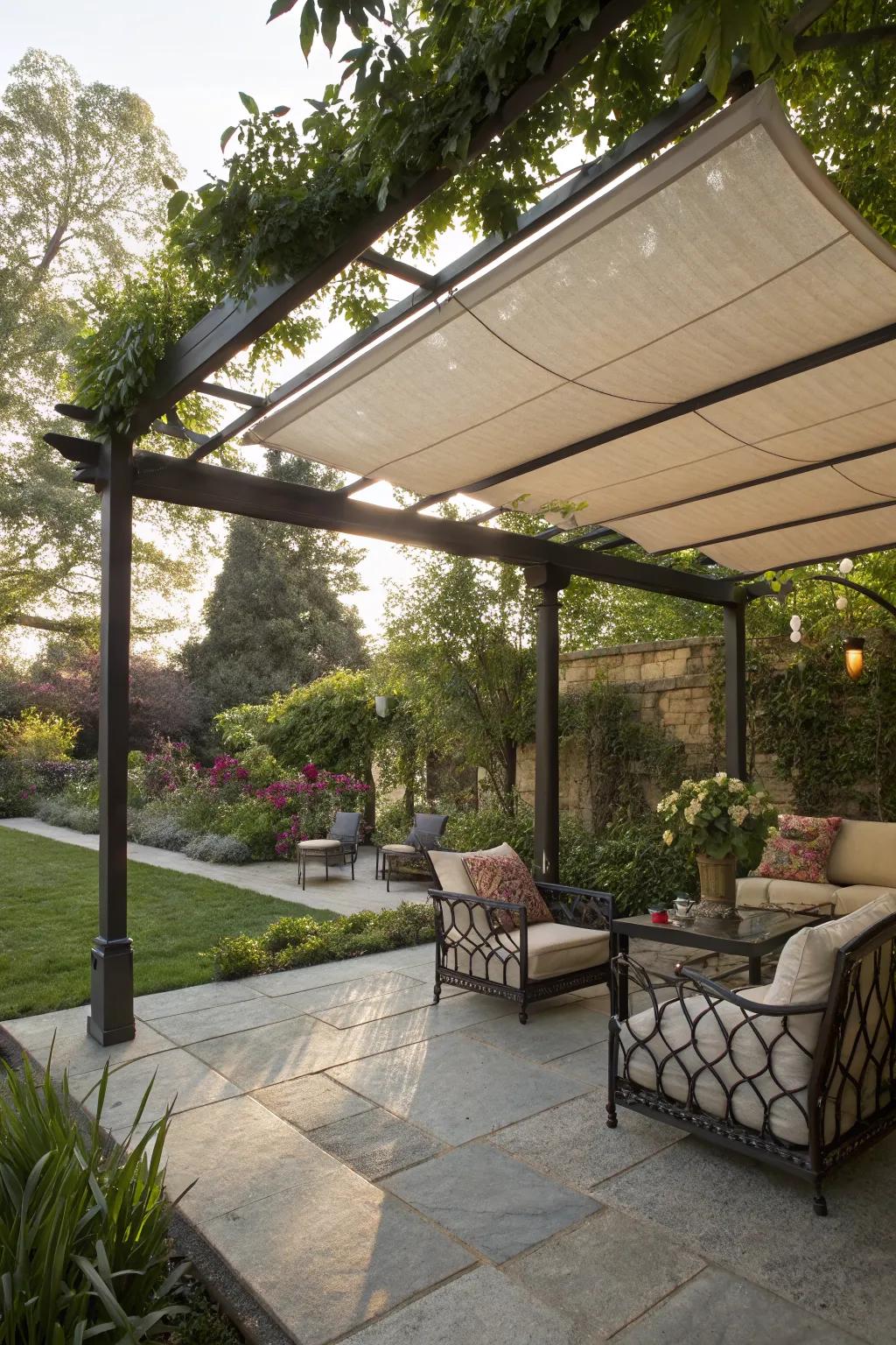 Shade cloth panels create a secluded patio retreat.