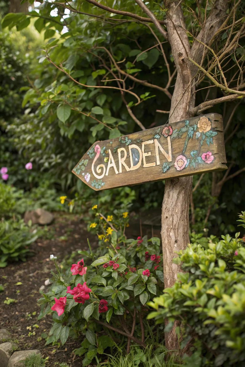 A nature-inspired garden sign made from a painted branch.