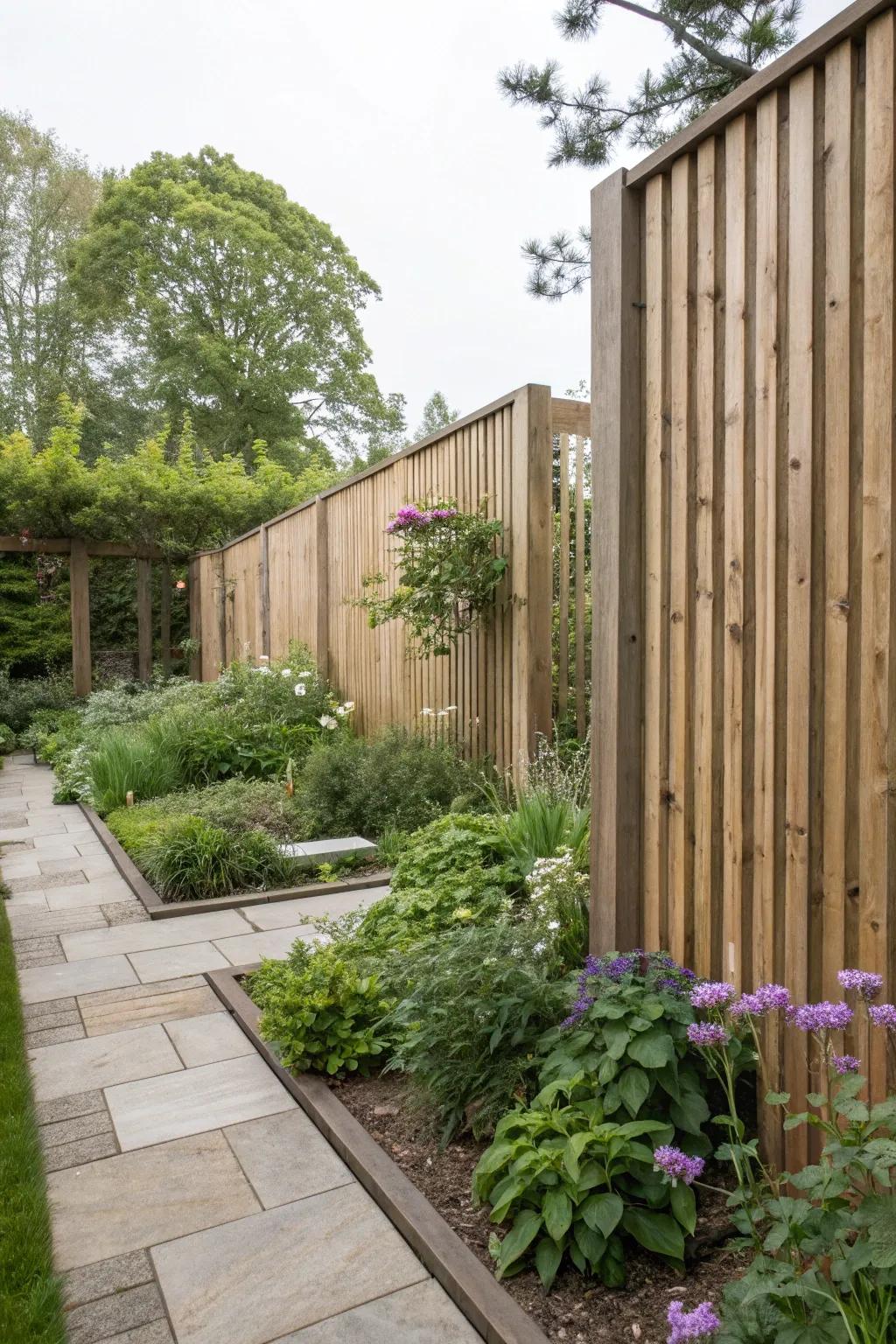 Privacy screens made from sleepers, offering a secluded retreat.