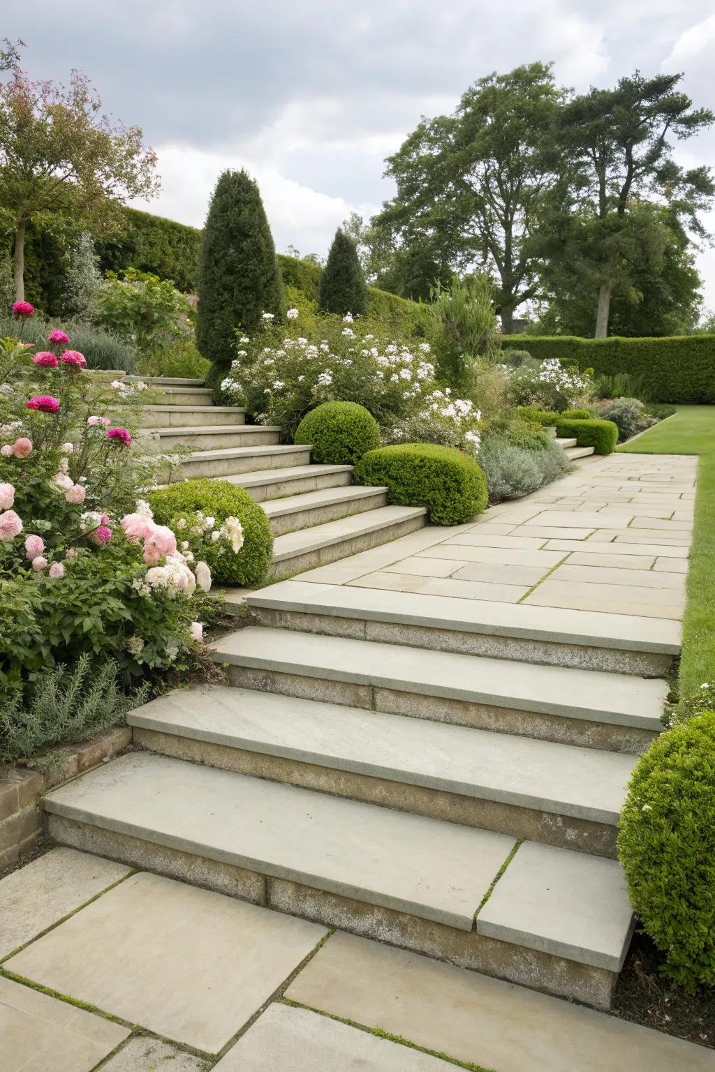 Sophisticated paving slab stairs for a seamless garden transition.