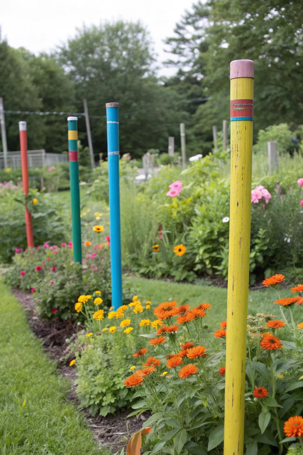 Colorful repurposed pool cue stakes supporting plants in the garden.