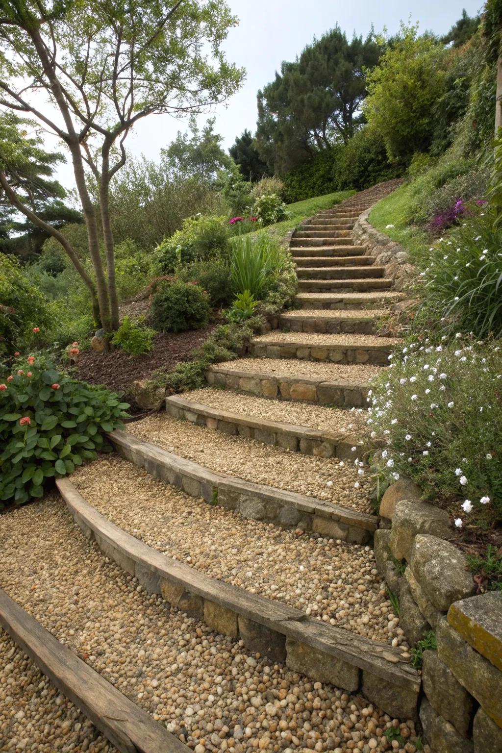 Pebbles add texture and grip to steps.