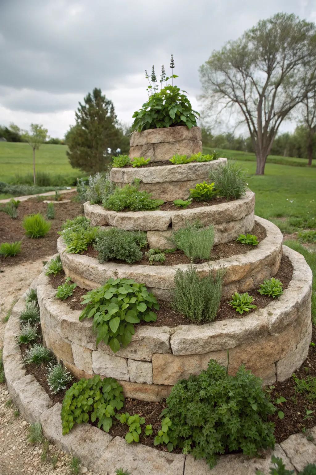 Stone herb spirals maximize space and plant diversity.