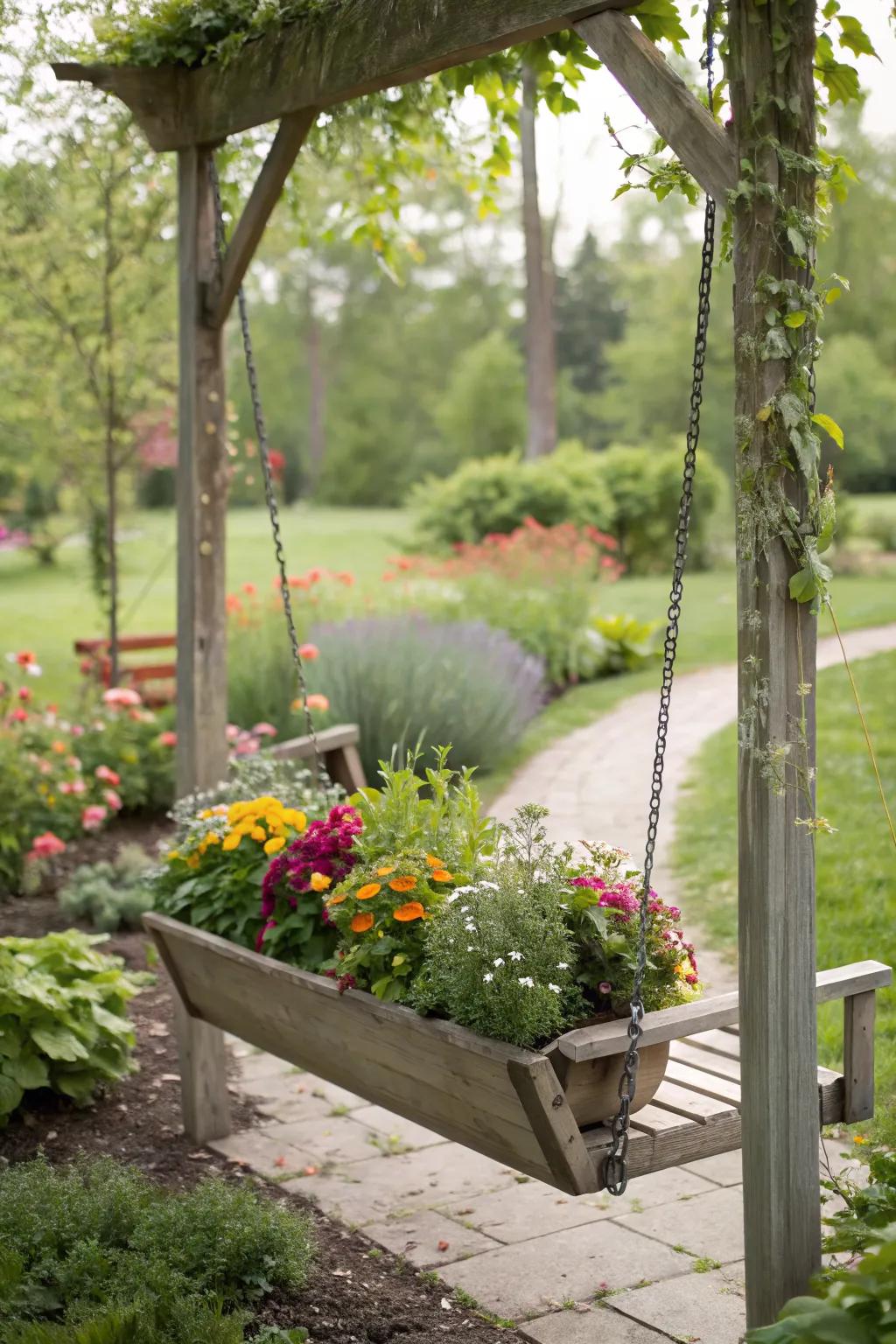 Swings with planters bring greenery and seating together beautifully.